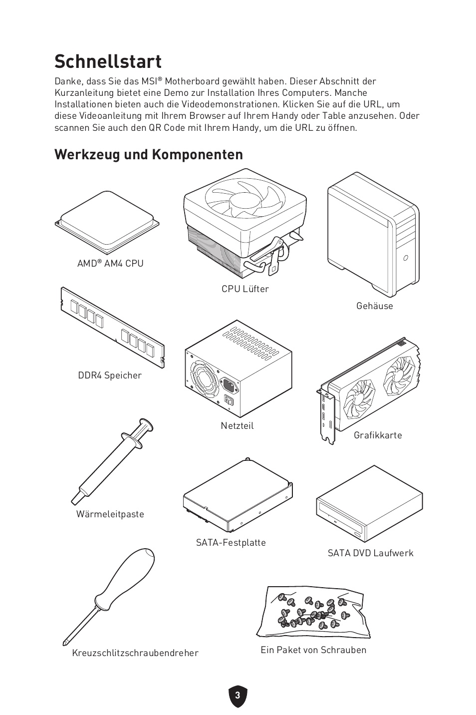Schnellstart, Werkzeug und komponenten | MSI B550 GAMING GEN3 AM4 ATX Motherboard User Manual | Page 51 / 379