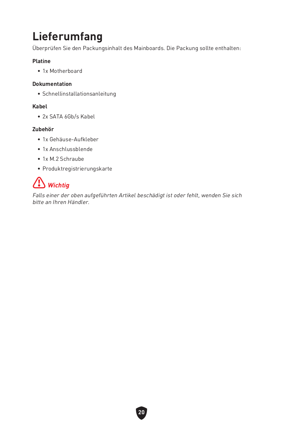 Lieferumfang | MSI B550 GAMING GEN3 AM4 ATX Motherboard User Manual | Page 68 / 379