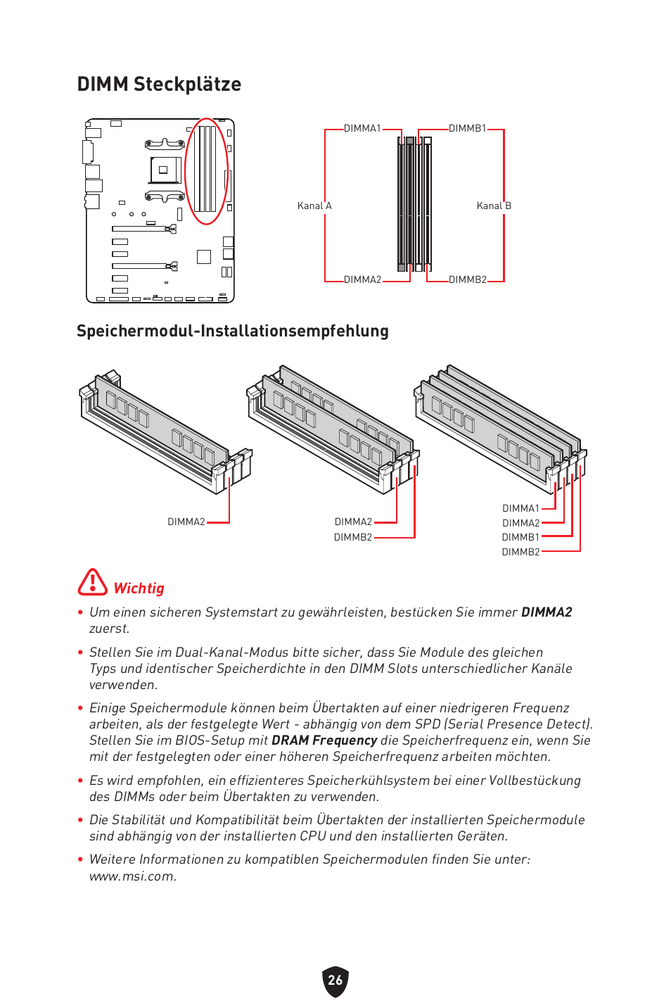 Dimm steckplätze, Speichermodul-installationsempfehlung | MSI B550 GAMING GEN3 AM4 ATX Motherboard User Manual | Page 74 / 379