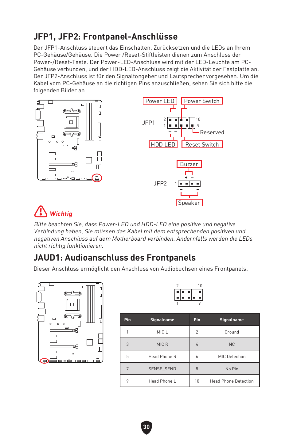 Jfp1, jfp2: frontpanel-anschlüsse, Jaud1: audioanschluss des frontpanels, Wichtig | MSI B550 GAMING GEN3 AM4 ATX Motherboard User Manual | Page 78 / 379