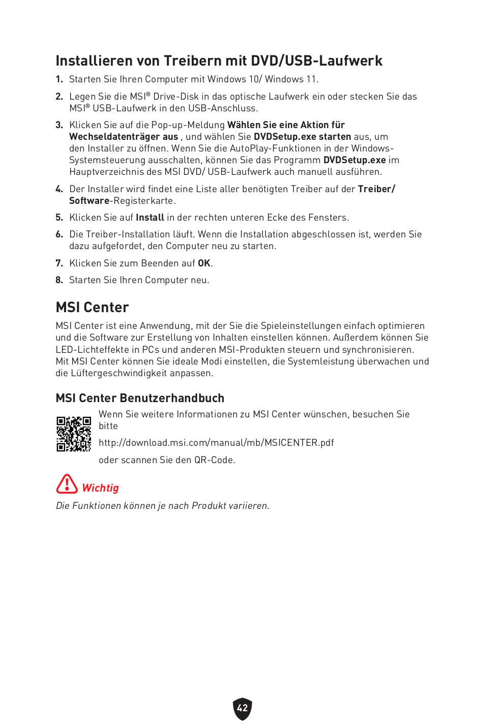 Msi center, Installieren von treibern mit dvd/usb-laufwerk, Msi center benutzerhandbuch | MSI B550 GAMING GEN3 AM4 ATX Motherboard User Manual | Page 90 / 379