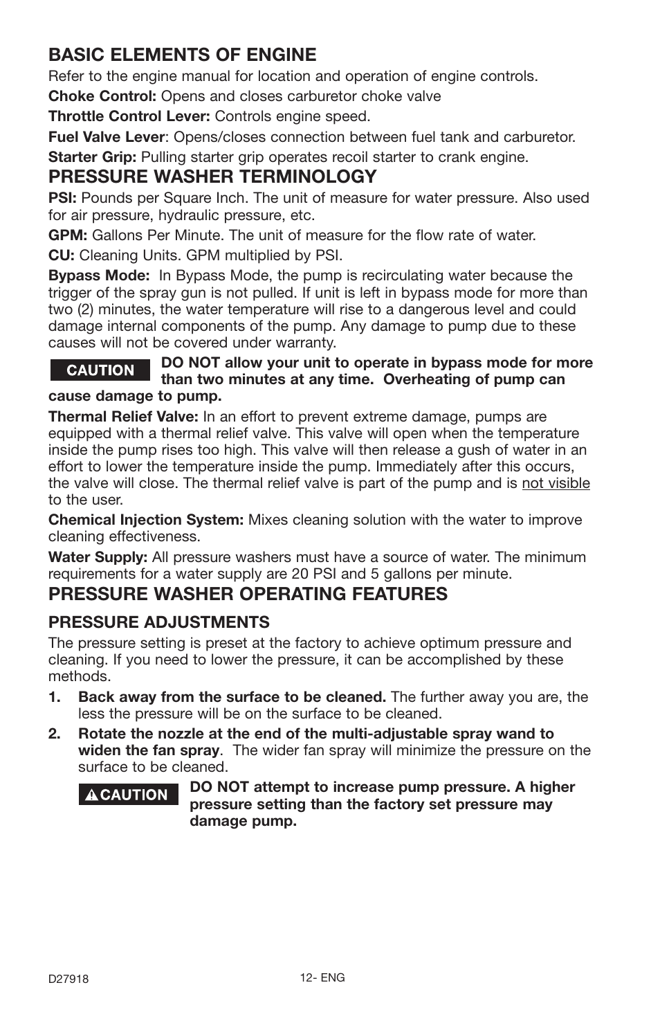 Basic elements of engine, Pressure washer terminology, Pressure washer operating features | Delta DT2400CS User Manual | Page 12 / 24