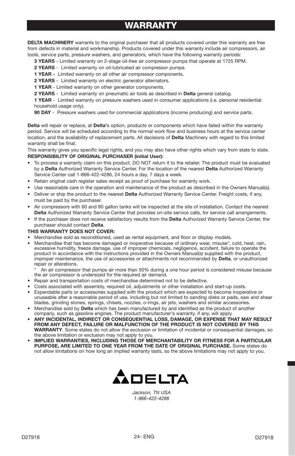 Warranty | Delta DT2400CS User Manual | Page 24 / 24