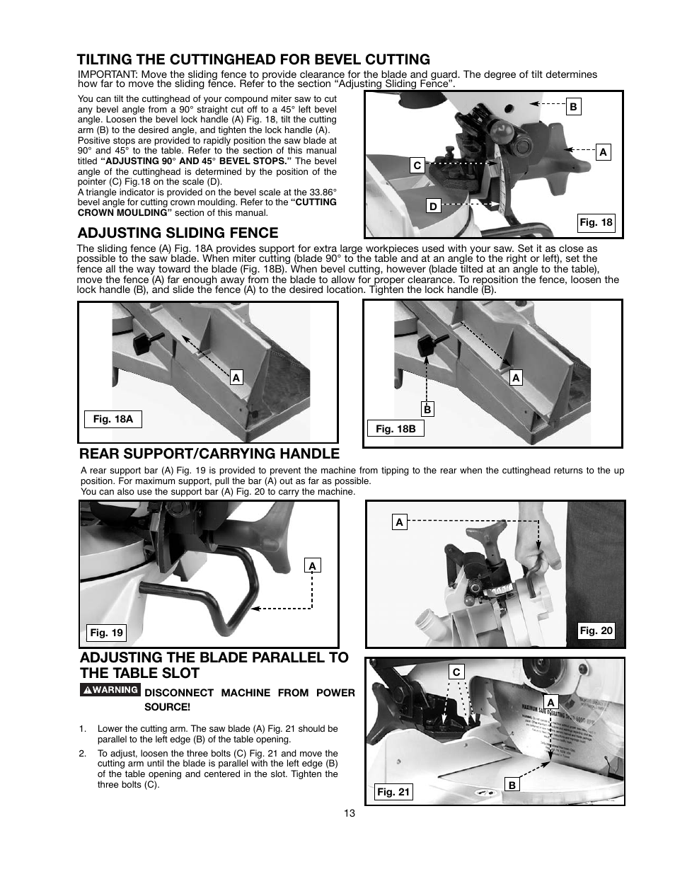 Tilting the cuttinghead for bevel cutting, Rear support/carrying handle, Adjusting the blade parallel to the table slot | Adjusting sliding fence | Delta 90513776 User Manual | Page 13 / 52