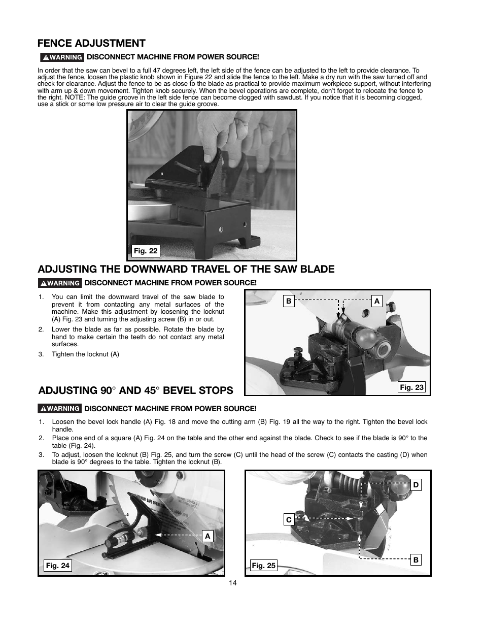 Adjusting the downward travel of the saw blade, Adjusting 90 ° and 45 ° bevel stops, Fence adjustment | Delta 90513776 User Manual | Page 14 / 52
