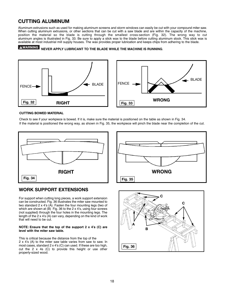 Right wrong, Cutting aluminum, Work support extensions | Delta 90513776 User Manual | Page 18 / 52