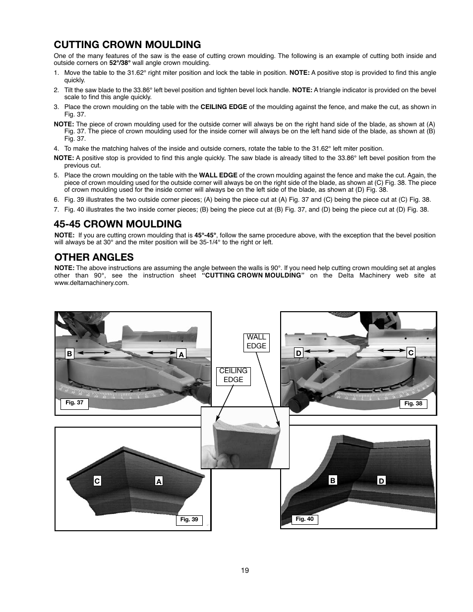 Cutting crown moulding, 45 crown moulding, Other angles | Delta 90513776 User Manual | Page 19 / 52