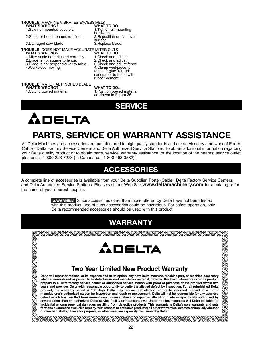 Parts, service or warranty assistance, Accessories, Service warranty | Two year limited new product warranty | Delta 90513776 User Manual | Page 22 / 52
