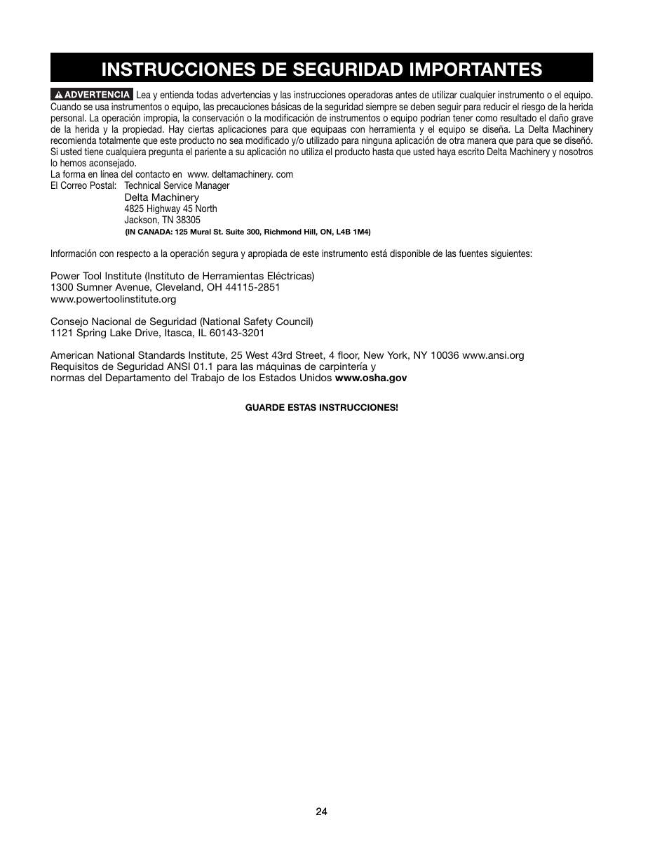 Instrucciones de seguridad importantes | Delta 90513776 User Manual | Page 24 / 52