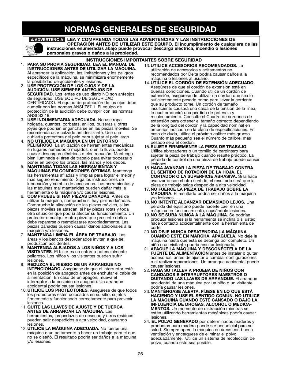 Normas generales de seguridad | Delta 90513776 User Manual | Page 26 / 52