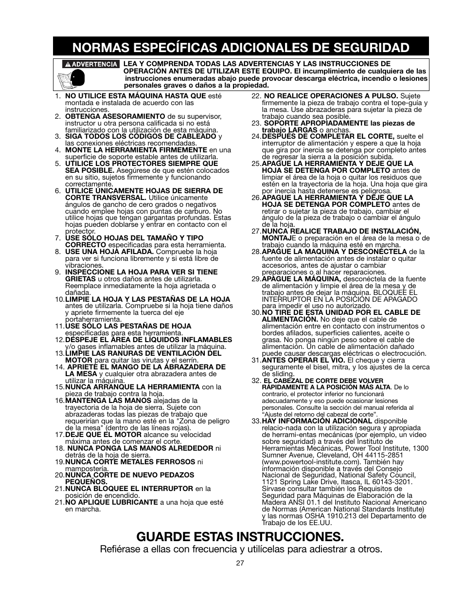 Guarde estas instrucciones, Normas específicas adicionales de seguridad | Delta 90513776 User Manual | Page 27 / 52