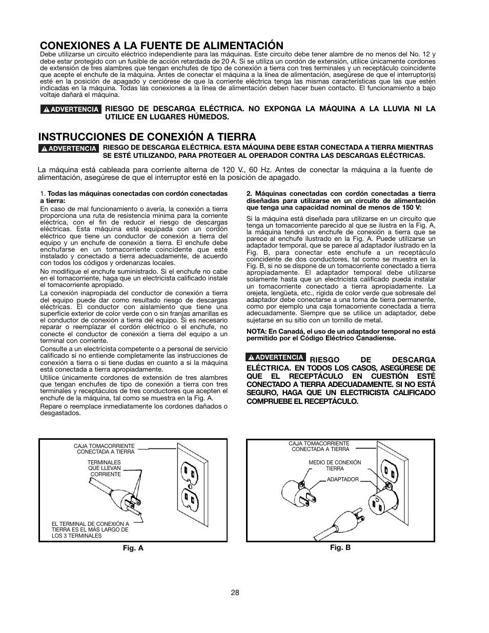 Conexiones a la fuente de alimentación, Instrucciones de conexión a tierra | Delta 90513776 User Manual | Page 28 / 52
