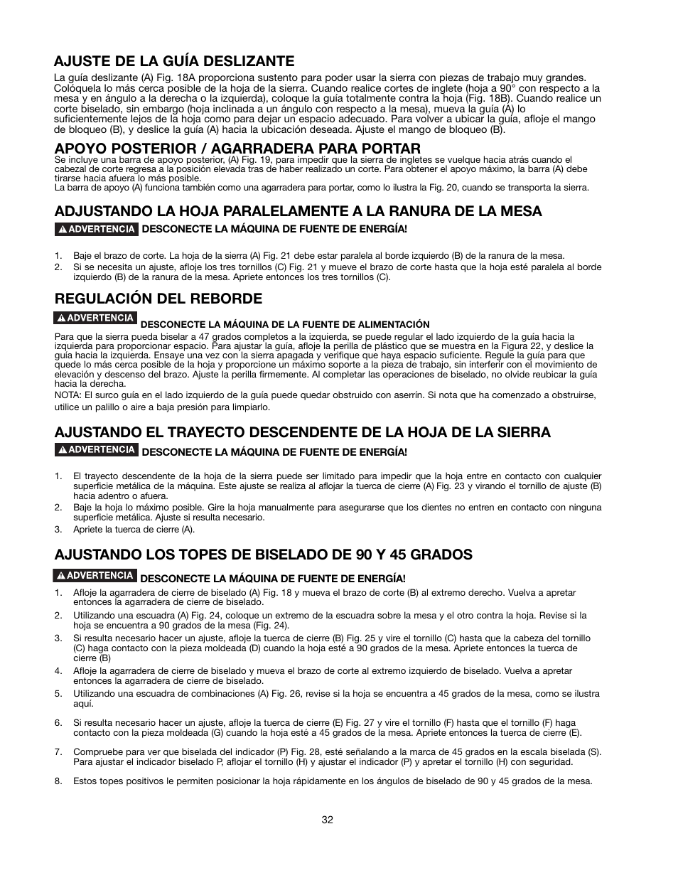 Apoyo posterior / agarradera para portar, Regulación del reborde, Ajustando los topes de biselado de 90 y 45 grados | Ajuste de la guía deslizante | Delta 90513776 User Manual | Page 32 / 52