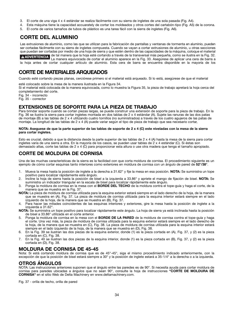 Corte de materiales arqueados, Corte del aluminio, Extensiones de soporte para la pieza de trabajo | Corte de moldura de cornisa, Moldura de cornisa de 45-45, Otros ángulos | Delta 90513776 User Manual | Page 34 / 52