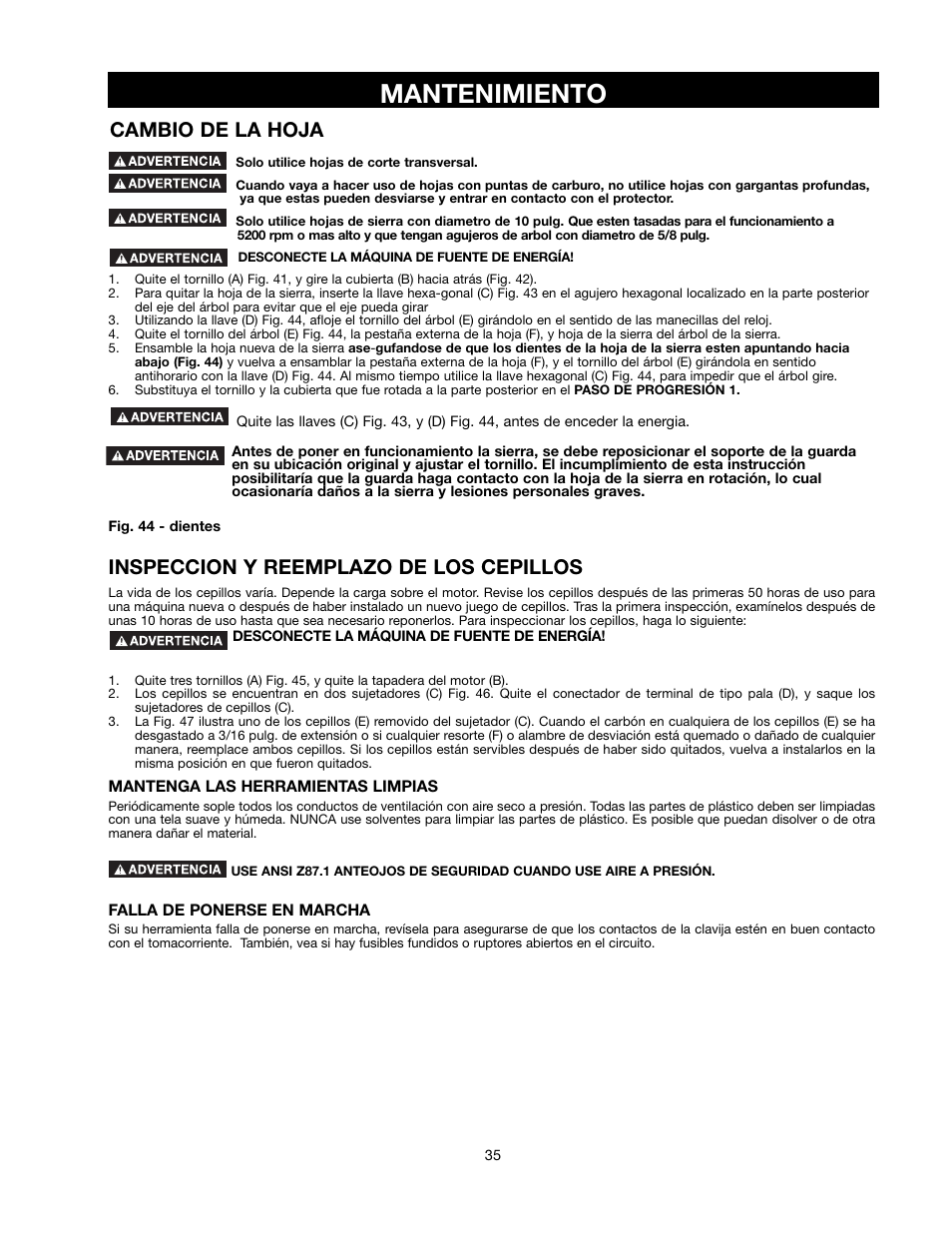 Mantenimiento, Inspeccion y reemplazo de los cepillos, Cambio de la hoja | Delta 90513776 User Manual | Page 35 / 52