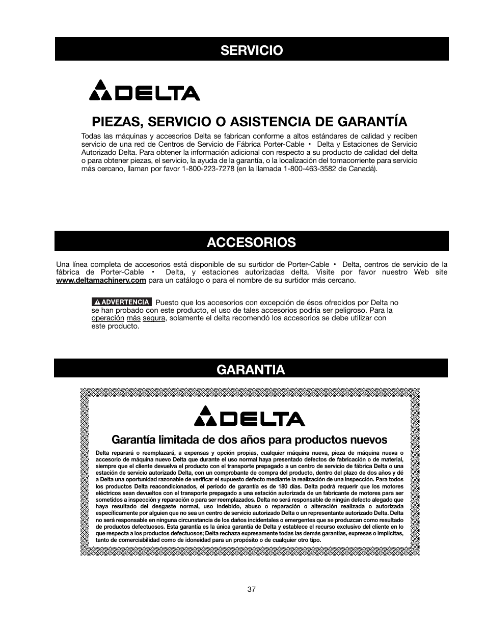 Servicio piezas, servicio o asistencia de garantía, Accesorios garantia | Delta 90513776 User Manual | Page 37 / 52