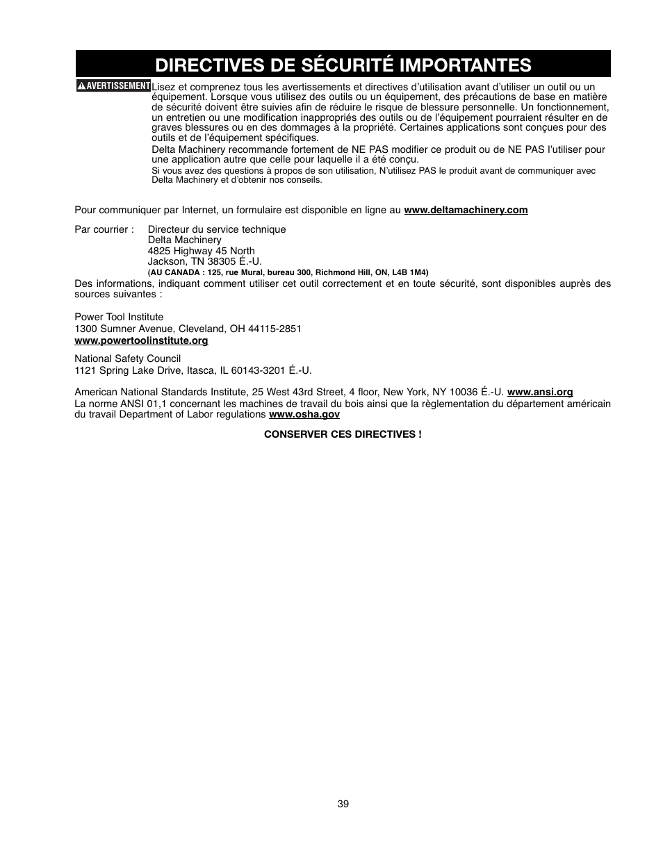 Directives de sécurité importantes | Delta 90513776 User Manual | Page 39 / 52