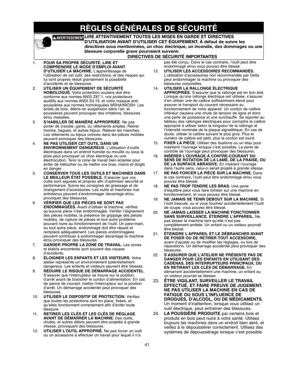 Règles générales de sécurité | Delta 90513776 User Manual | Page 41 / 52