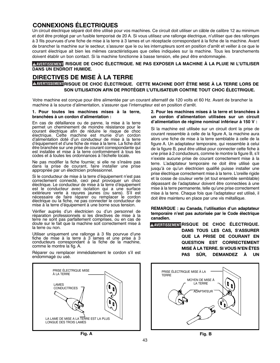 Connexions électriques, Directives de mise à la terre | Delta 90513776 User Manual | Page 43 / 52