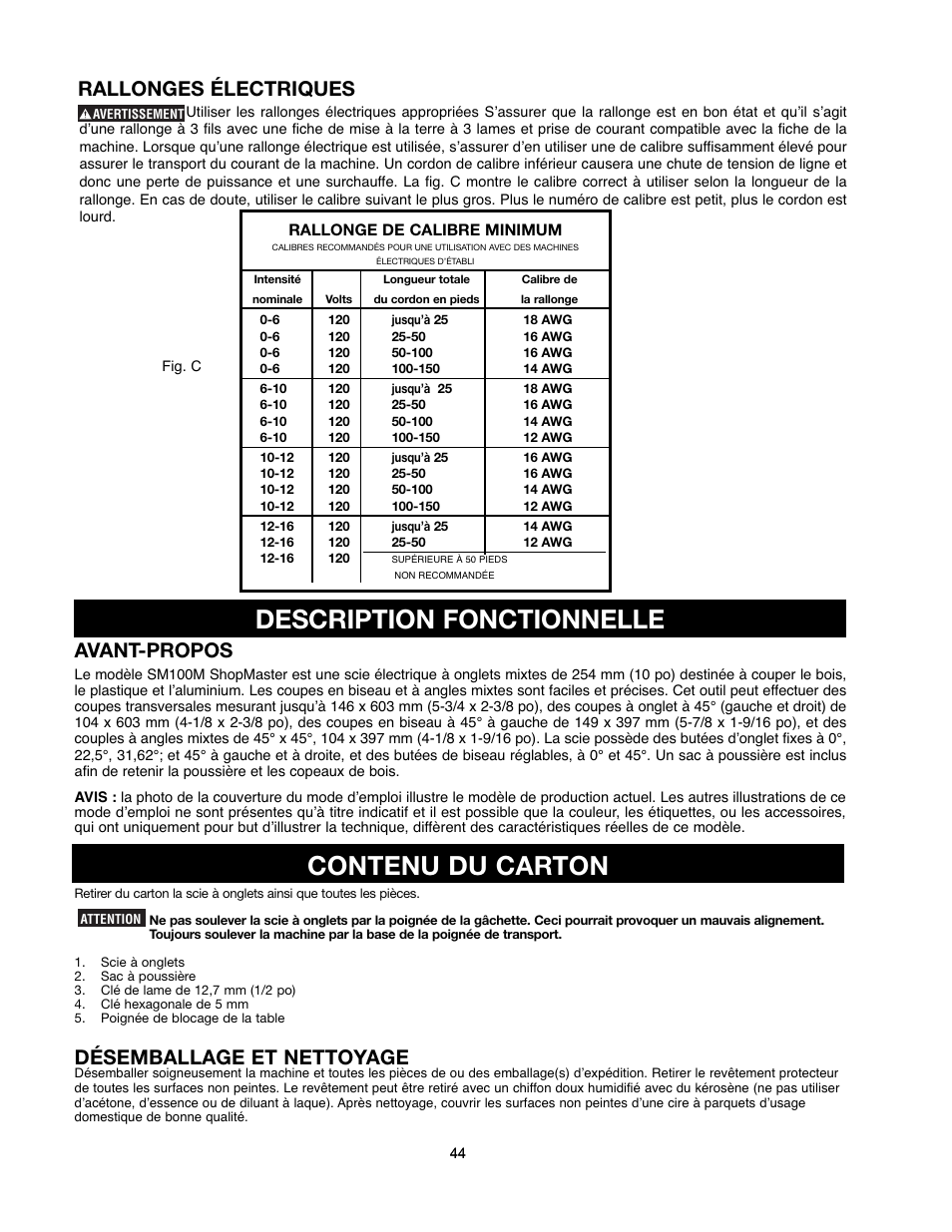Contenu du carton, Description fonctionnelle, Avant-propos | Désemballage et nettoyage, Rallonges électriques | Delta 90513776 User Manual | Page 44 / 52