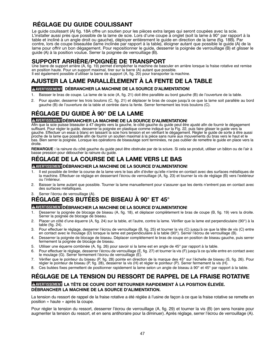 Réglage du guide à 90° de la lame, Réglage de la course de la lame vers le bas, Réglage des butées de biseau à 90° et 45 | Support arrière/poignée de transport, Réglage du guide coulissant | Delta 90513776 User Manual | Page 47 / 52