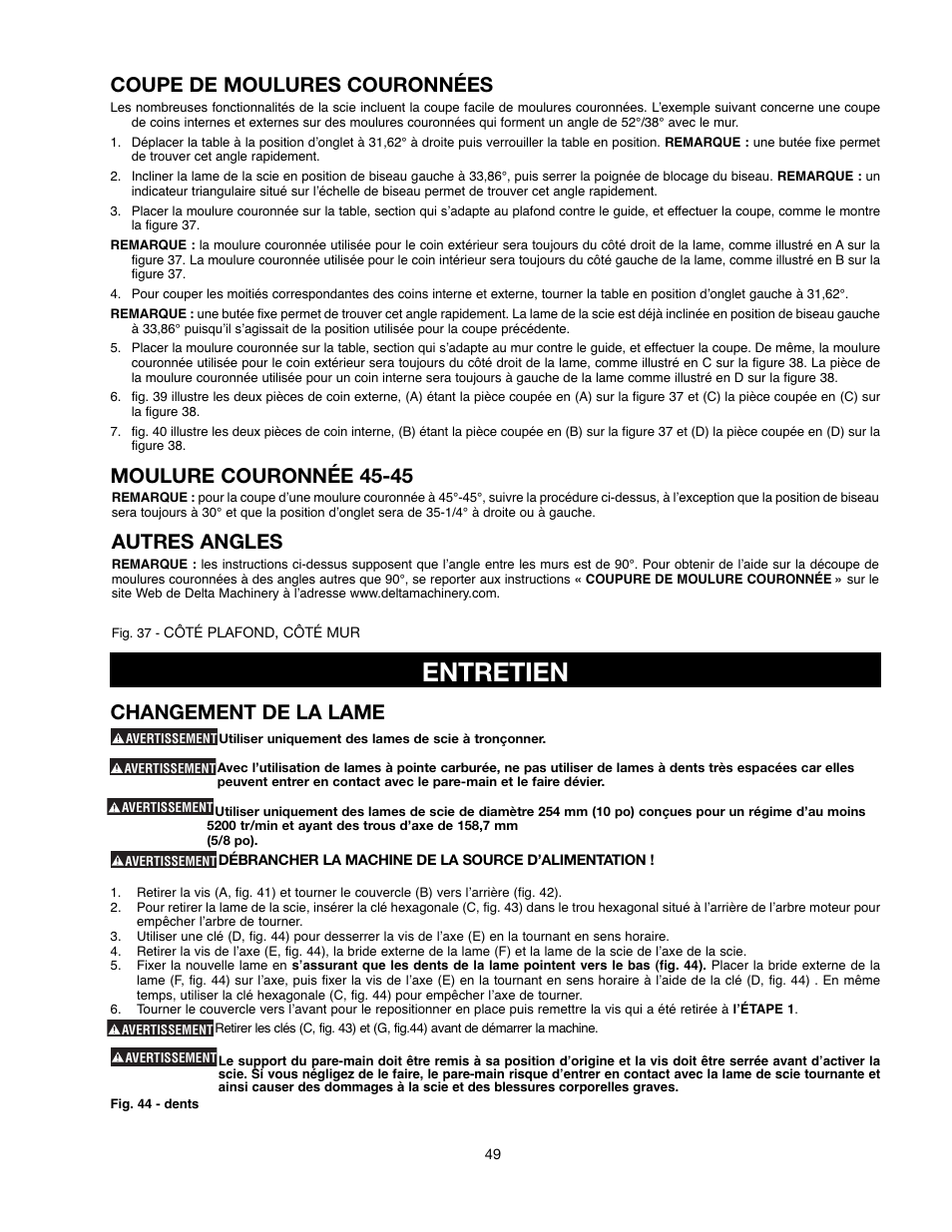 Entretien, Coupe de moulures couronnées, Moulure couronnée 45-45 | Autres angles, Changement de la lame | Delta 90513776 User Manual | Page 49 / 52