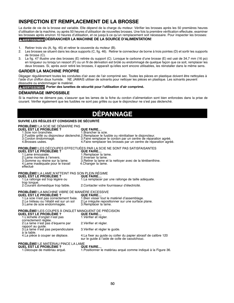 Dépannage, Inspection et remplacement de la brosse | Delta 90513776 User Manual | Page 50 / 52