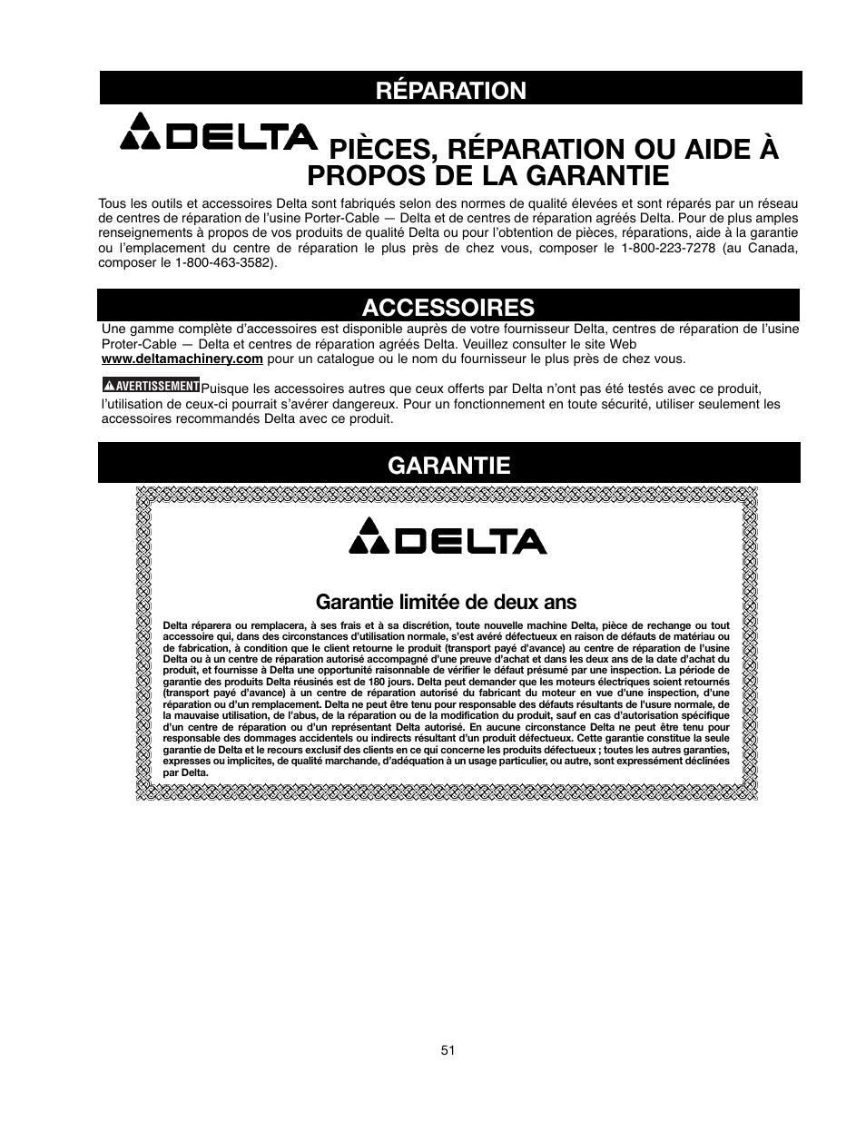 Pièces, réparation ou aide à propos de la garantie, Accessoires, Réparation garantie | Delta 90513776 User Manual | Page 51 / 52