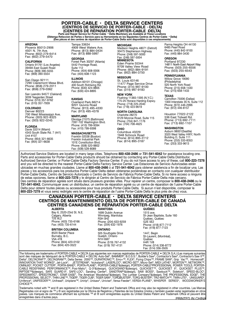Porter-cable, Delta service centers, Canadian porter-cable | Delta 90513776 User Manual | Page 52 / 52
