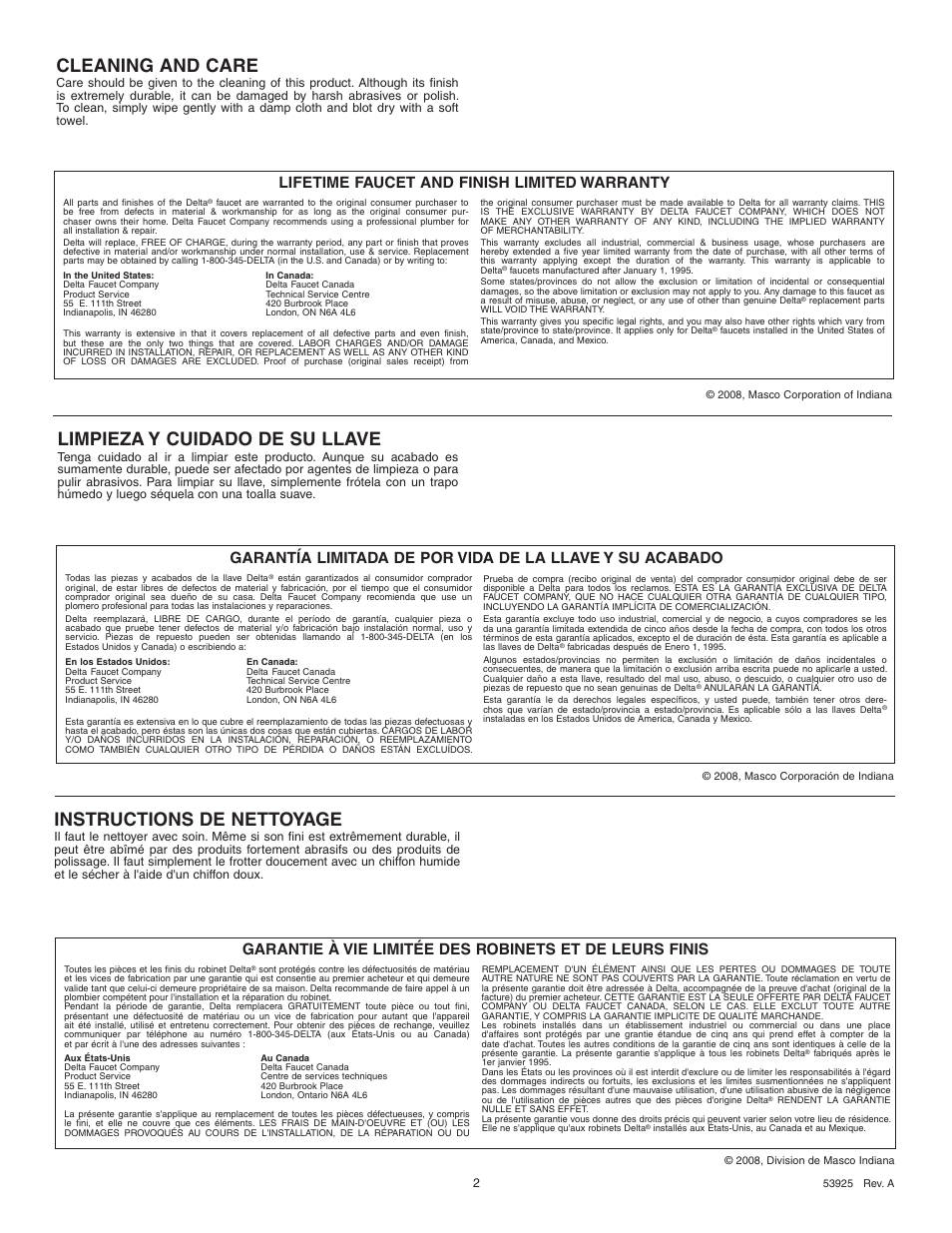 Cleaning and care, Instructions de nettoyage, Limpieza y cuidado de su llave | Lifetime faucet and finish limited warranty | Delta 4555 Series User Manual | Page 2 / 8