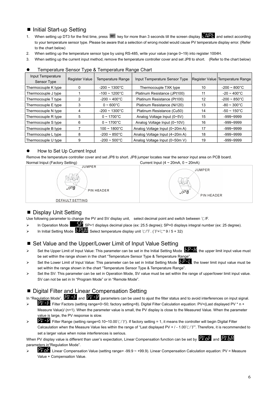 Initial start-up setting, Display unit setting, Digital filter and linear compensation setting | Delta DT3 User Manual | Page 6 / 21