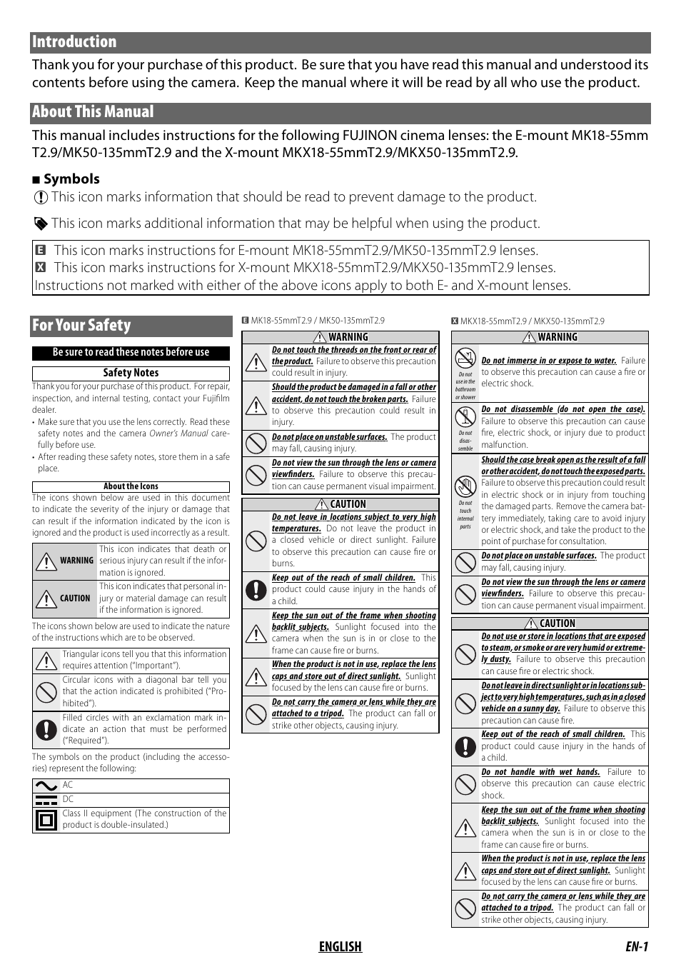For your safety, Introduction, About this manual | En-1 english, Symbols | FujiFilm MKX18-55mm T2.9 Lens (Fuji X-Mount) User Manual | Page 11 / 68