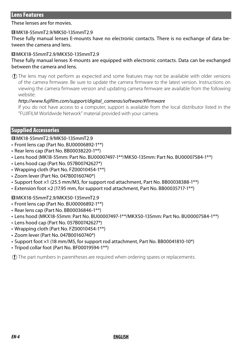 Lens features, Supplied accessories | FujiFilm MKX18-55mm T2.9 Lens (Fuji X-Mount) User Manual | Page 14 / 68