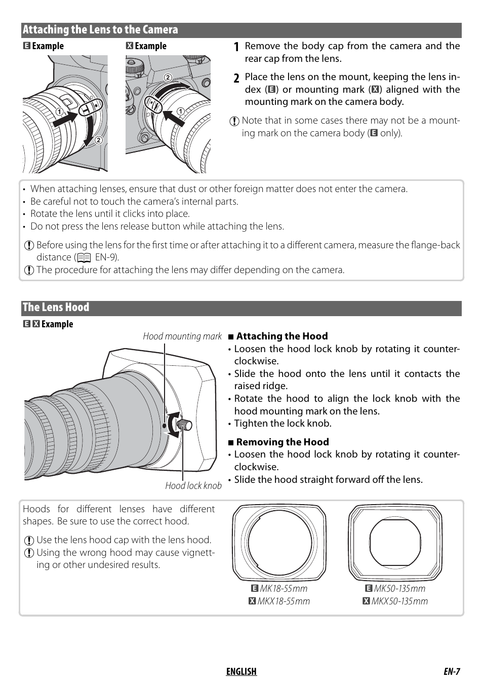 Attaching the lens to the camera, The lens hood | FujiFilm MKX18-55mm T2.9 Lens (Fuji X-Mount) User Manual | Page 17 / 68