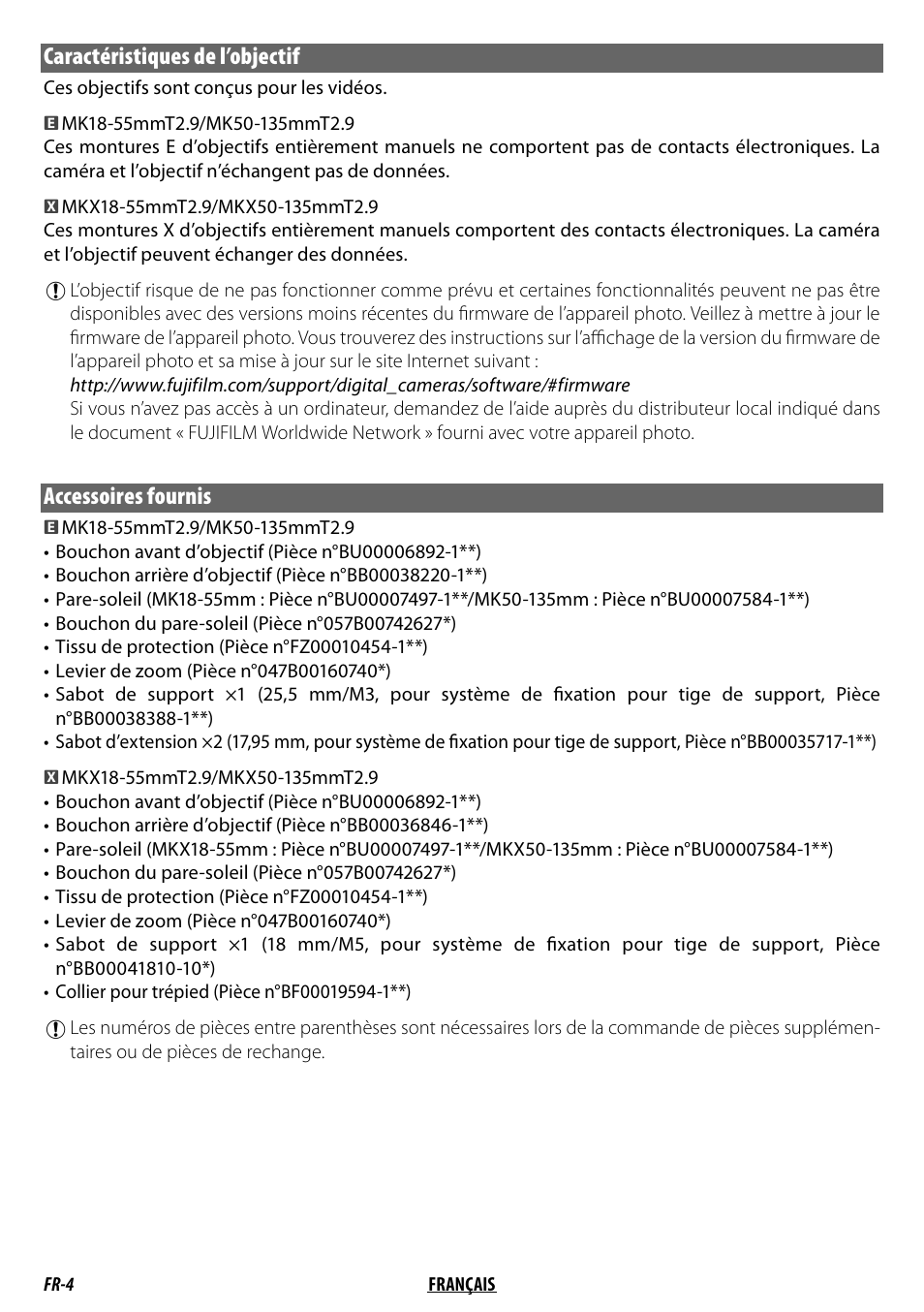 Caractéristiques de l’objectif, Accessoires fournis | FujiFilm MKX18-55mm T2.9 Lens (Fuji X-Mount) User Manual | Page 24 / 68
