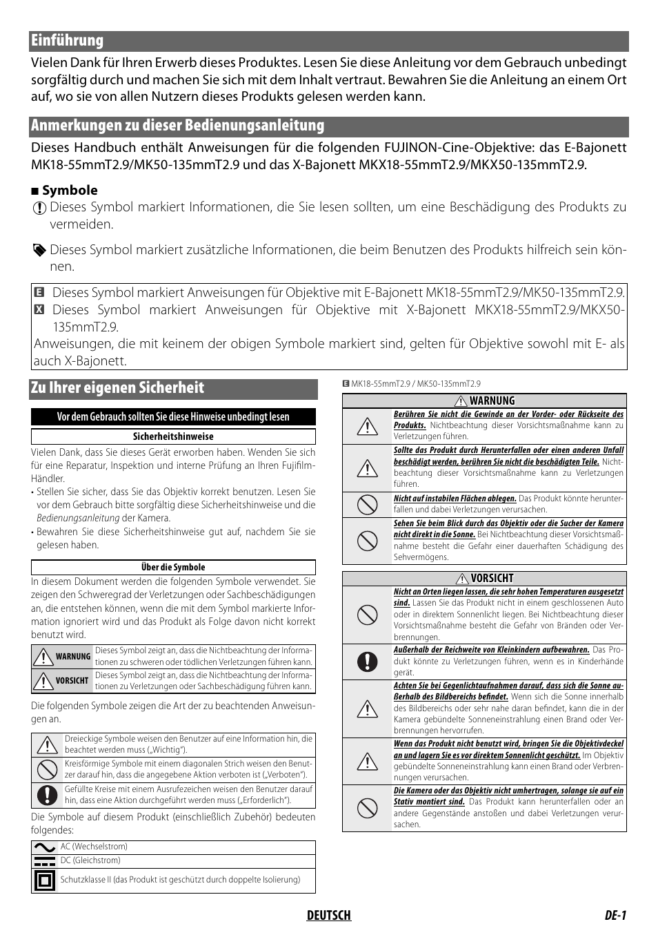 Zu ihrer eigenen sicherheit, Einführung, Anmerkungen zu dieser bedienungsanleitung | De-1 deutsch, Symbole | FujiFilm MKX18-55mm T2.9 Lens (Fuji X-Mount) User Manual | Page 31 / 68