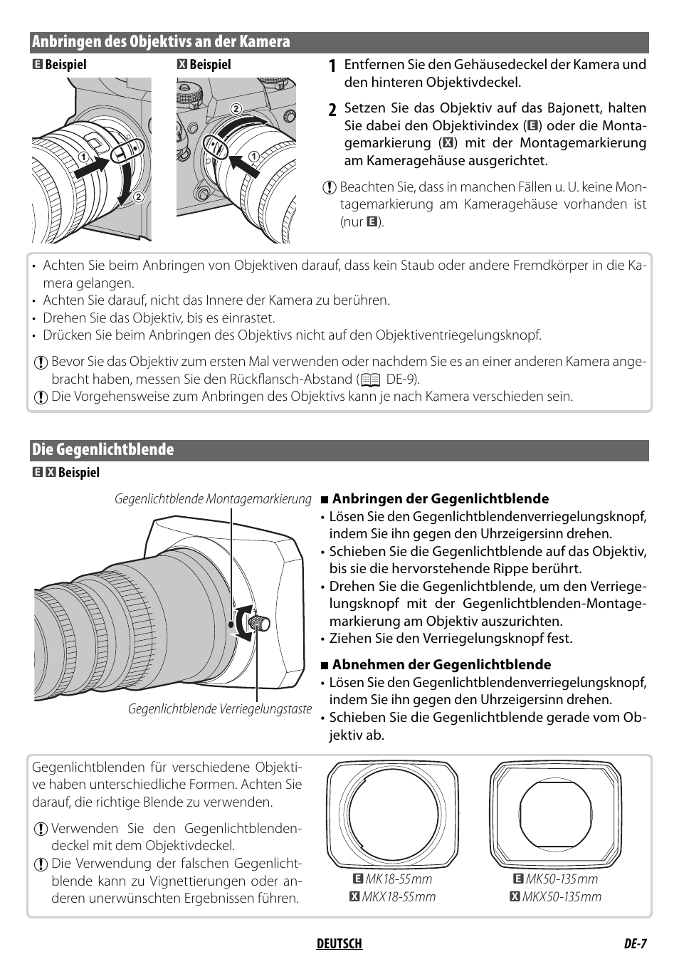 Anbringen des objektivs an der kamera, Die gegenlichtblende | FujiFilm MKX18-55mm T2.9 Lens (Fuji X-Mount) User Manual | Page 37 / 68