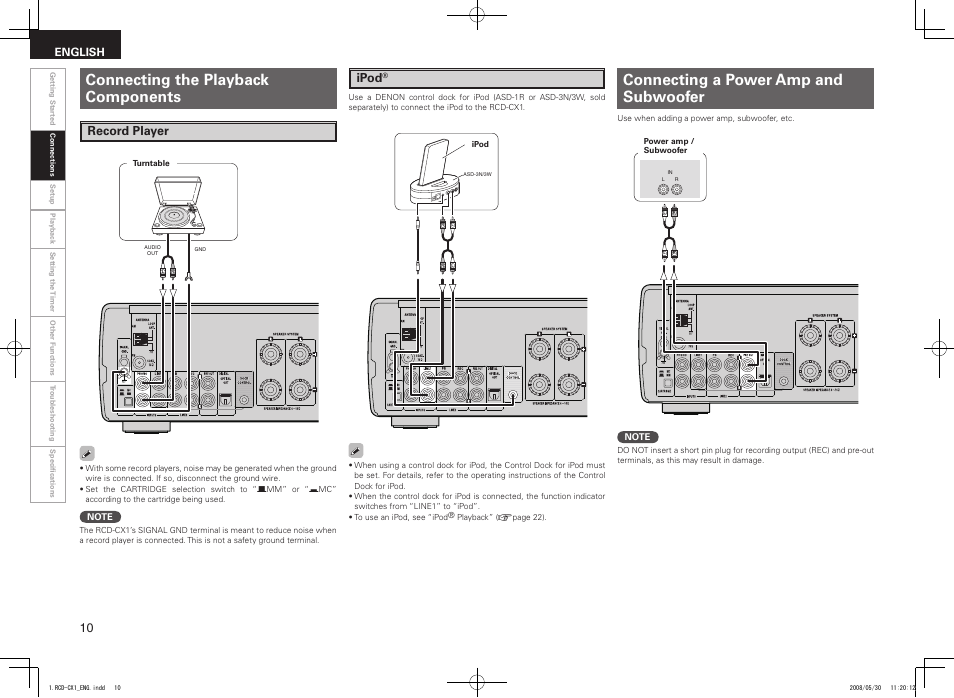 Connecting the playback components, Connecting a power amp and subwoofer, Record player | Ipod, English | Denon DJ RCD-CX1 User Manual | Page 14 / 36