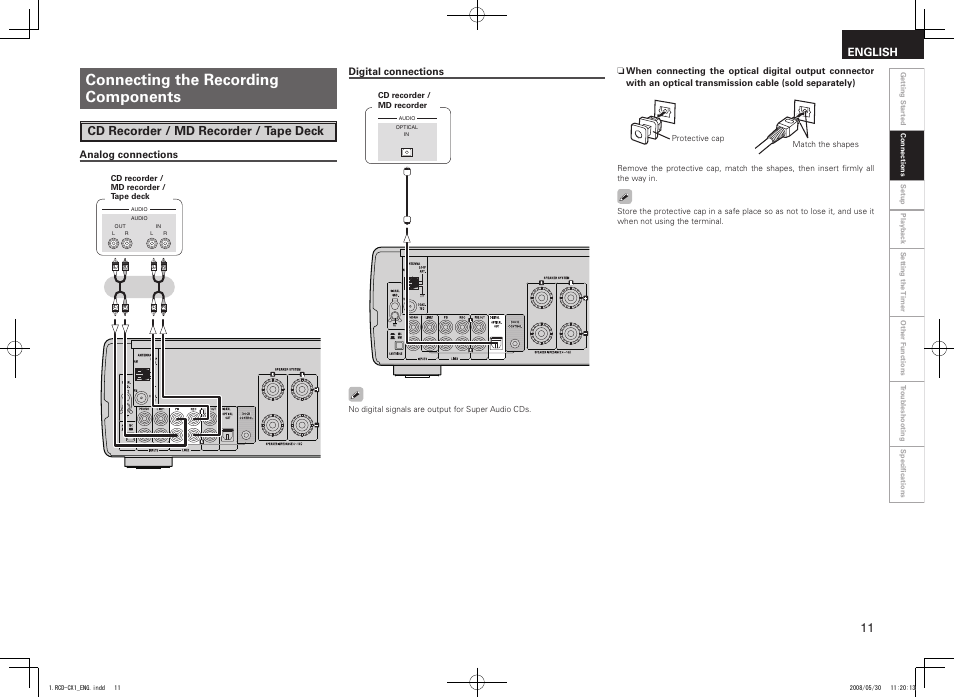 Connecting the recording components, Cd recorder / md recorder / tape deck, English | Denon DJ RCD-CX1 User Manual | Page 15 / 36