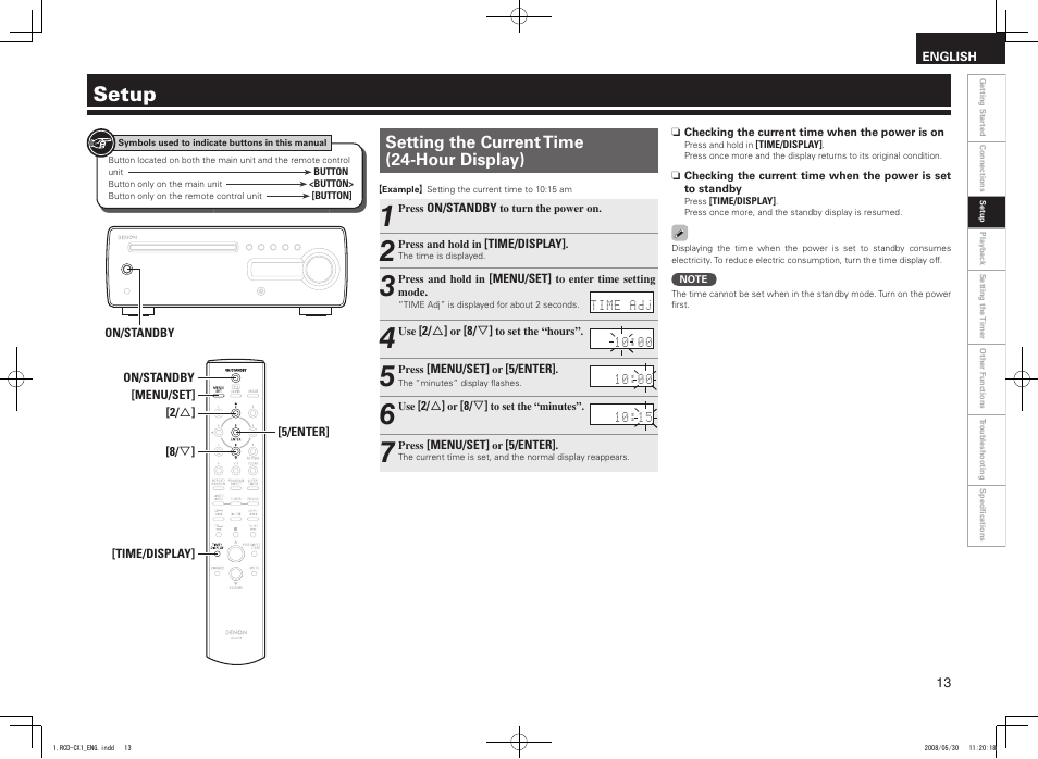 Setup, Setting the current time (24-hour display) | Denon DJ RCD-CX1 User Manual | Page 17 / 36