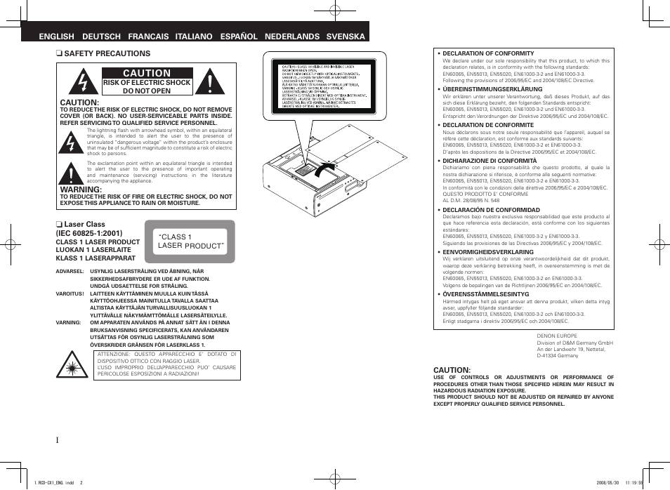 Caution | Denon DJ RCD-CX1 User Manual | Page 2 / 36