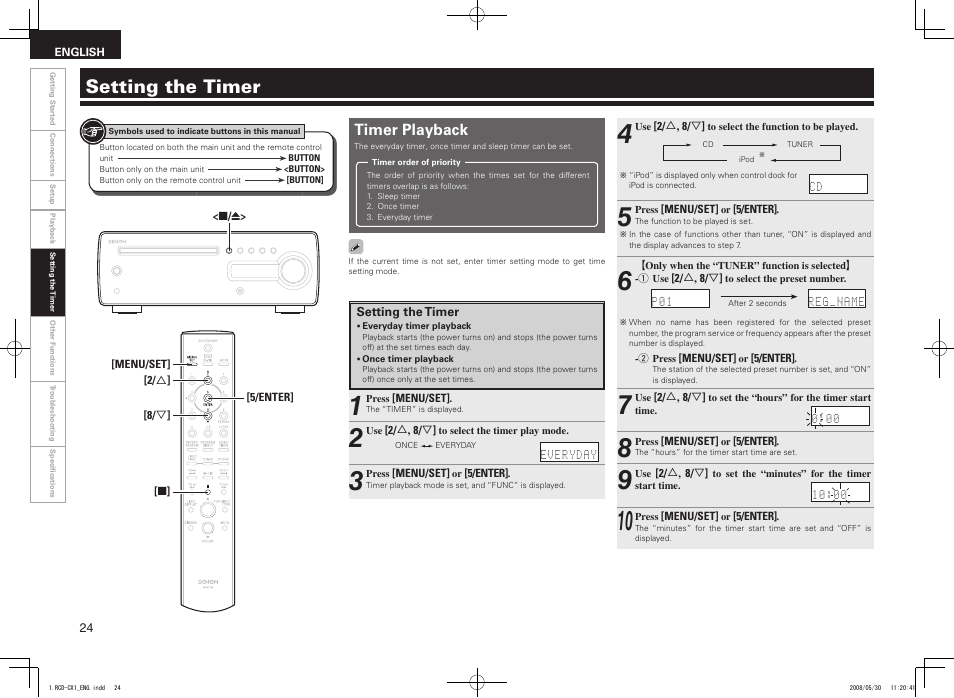 Setting the timer, Timer playback | Denon DJ RCD-CX1 User Manual | Page 28 / 36