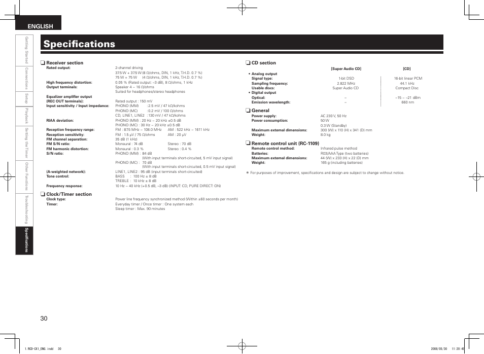 Specifications, English | Denon DJ RCD-CX1 User Manual | Page 34 / 36