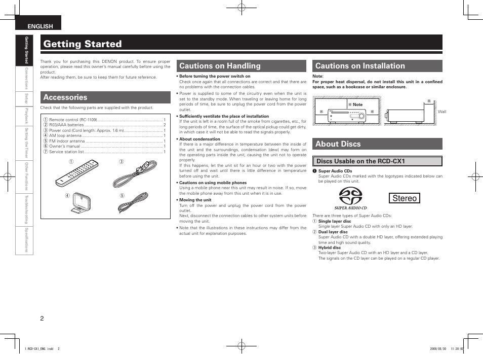 Getting started, Accessories | Denon DJ RCD-CX1 User Manual | Page 6 / 36