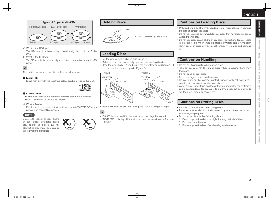 Holding discs, Loading discs, Cautions on loading discs | Cautions on handling, Cautions on storing discs | Denon DJ RCD-CX1 User Manual | Page 7 / 36