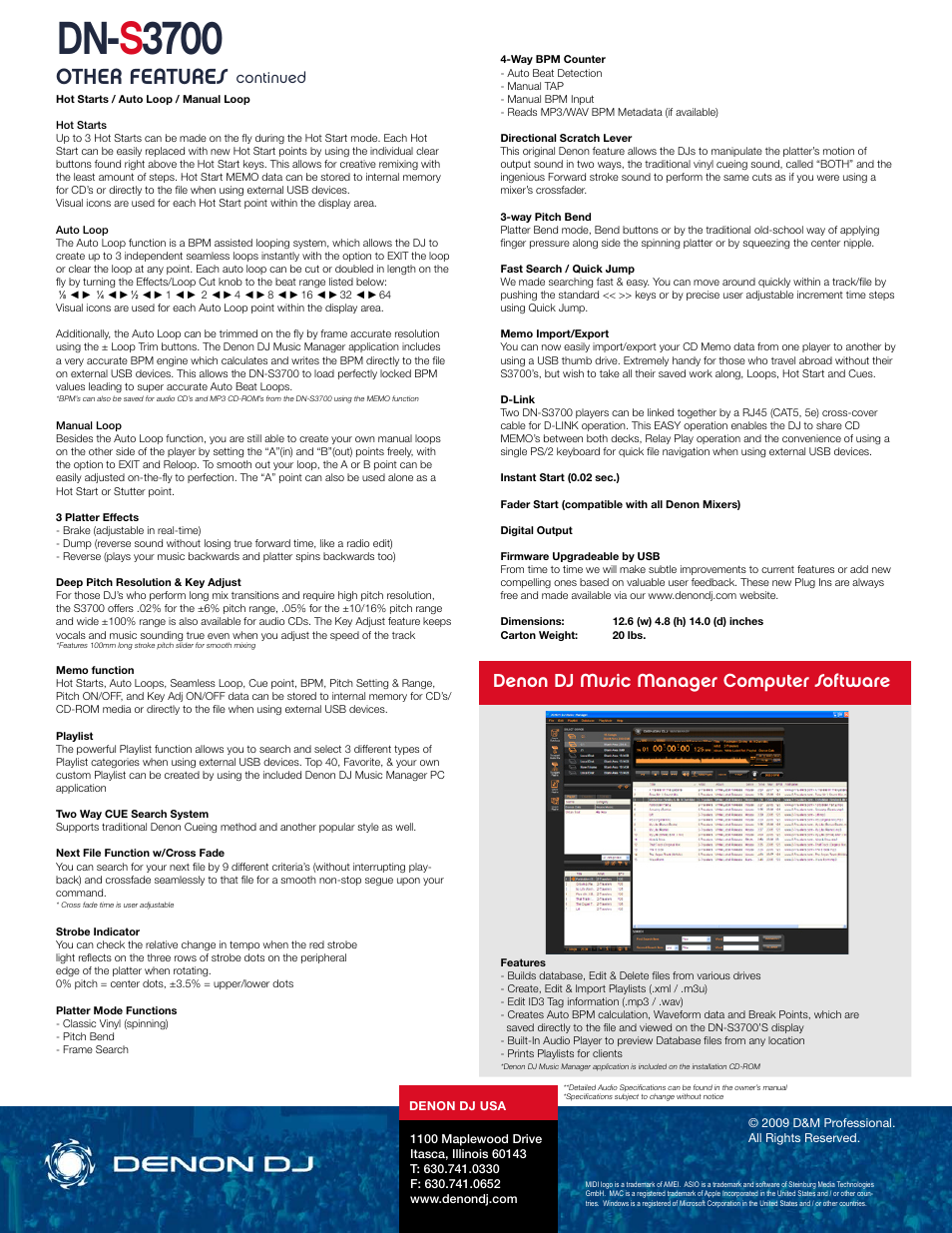 Dn- s 3700, Other features, Denon dj music manager computer software | Denon DJ DN-S3700 User Manual | Page 2 / 2
