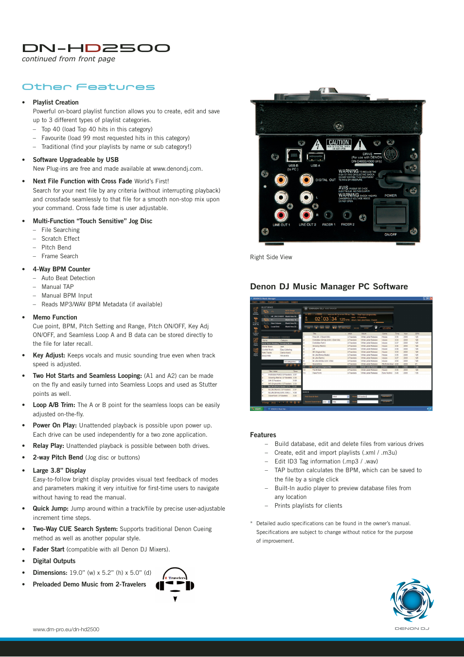 Dn-h d 2500, Denon dj music manager pc software, Other features | Denon DJ DN-HD2500 User Manual | Page 2 / 2