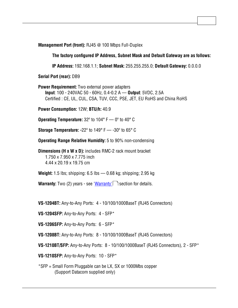 Vs-1200 series common specifications, Vs-1200 series model specific specifications | Datacom Systems VS-1200 User Manual | Page 11 / 54