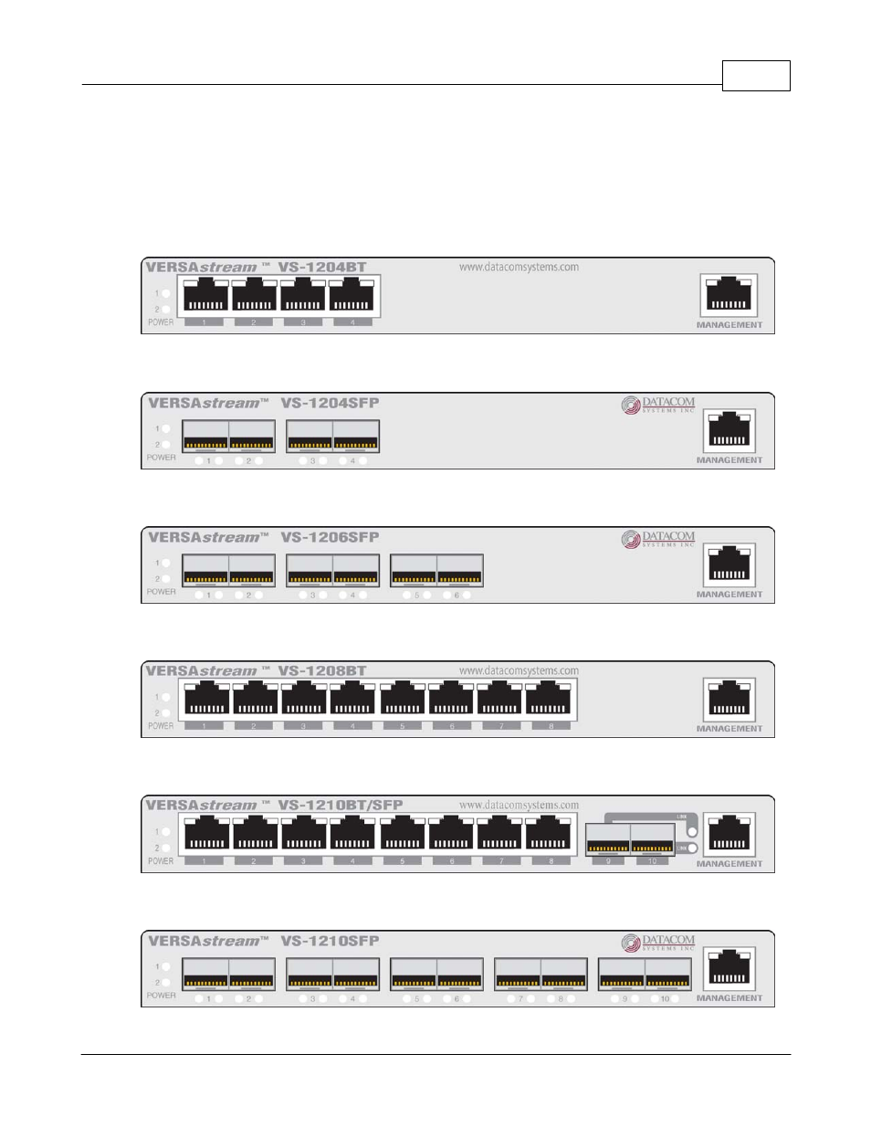 Hardware, Vs-1200 series front panels, 3hardware | Datacom Systems VS-1200 User Manual | Page 13 / 54