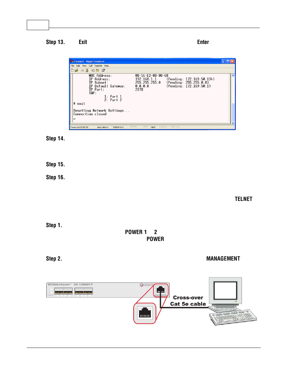 Ip address configuration with telnet | Datacom Systems VS-1200 User Manual | Page 32 / 54